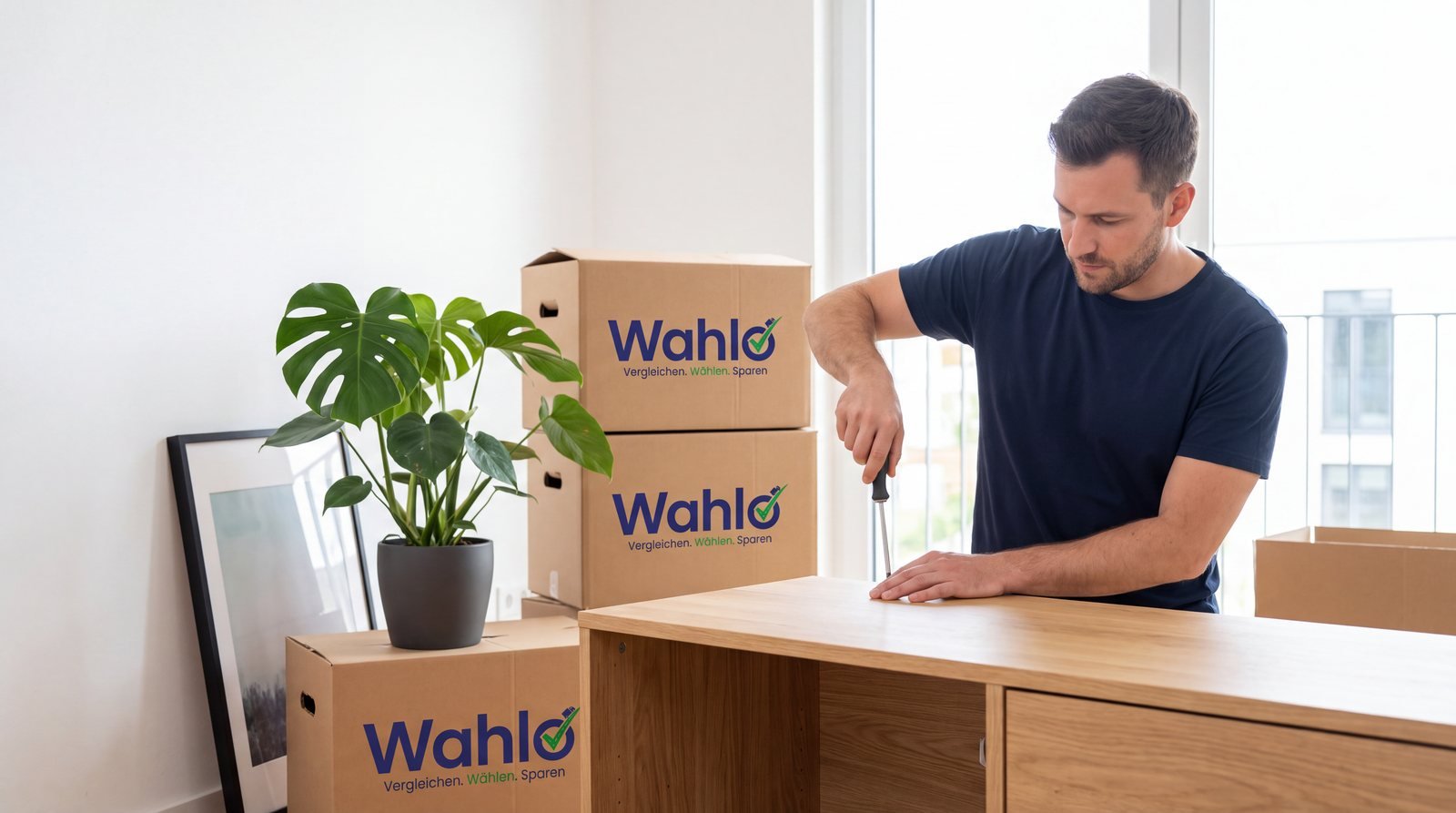 Handwerker baut in der neuen Wohnung ein Möbelstück auf, dahinter Wahlo-Umzugskartons