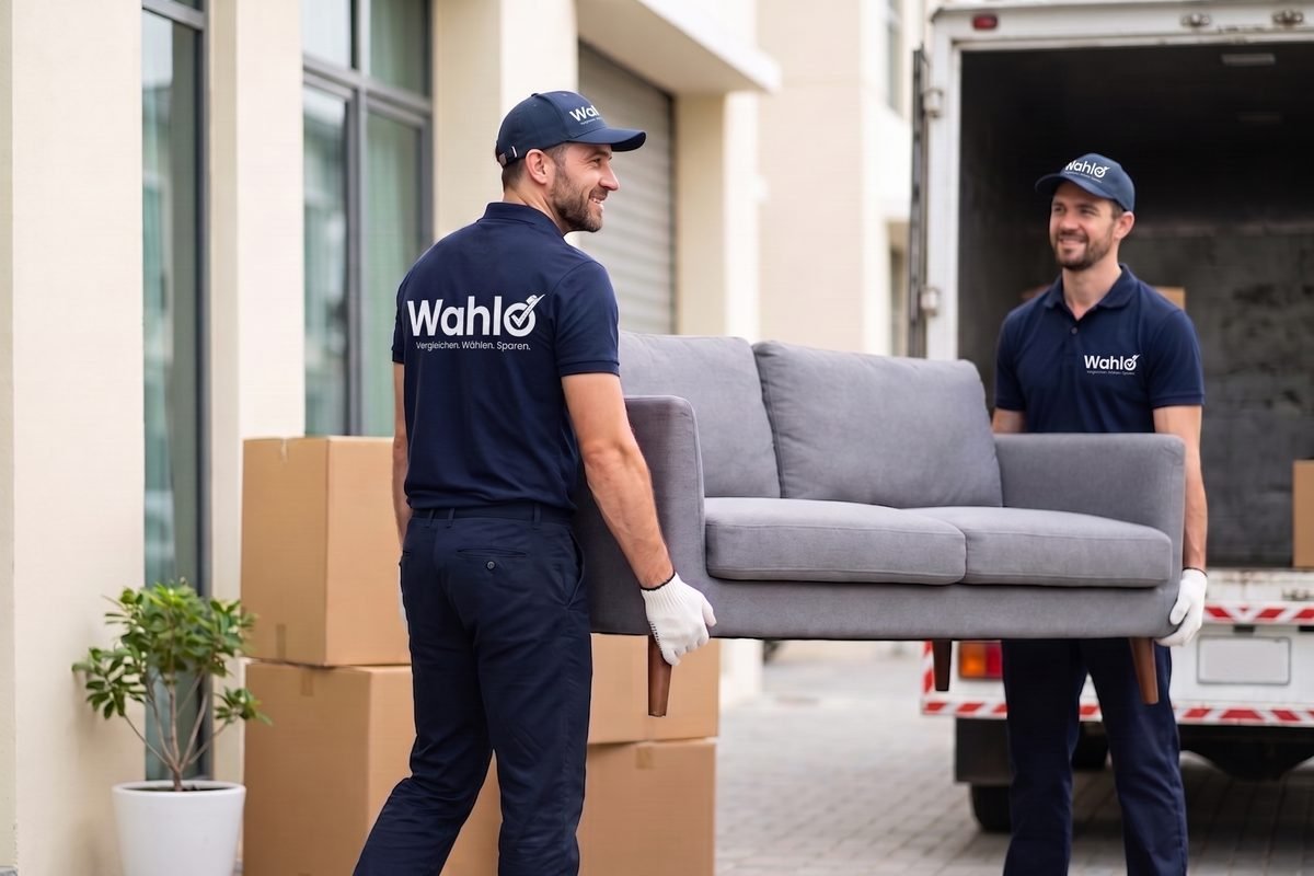 Symbolbild: zwei Möbelpacker tragen gemeinsam ein graues Sofa zu einem geöffneten Umzugswagen