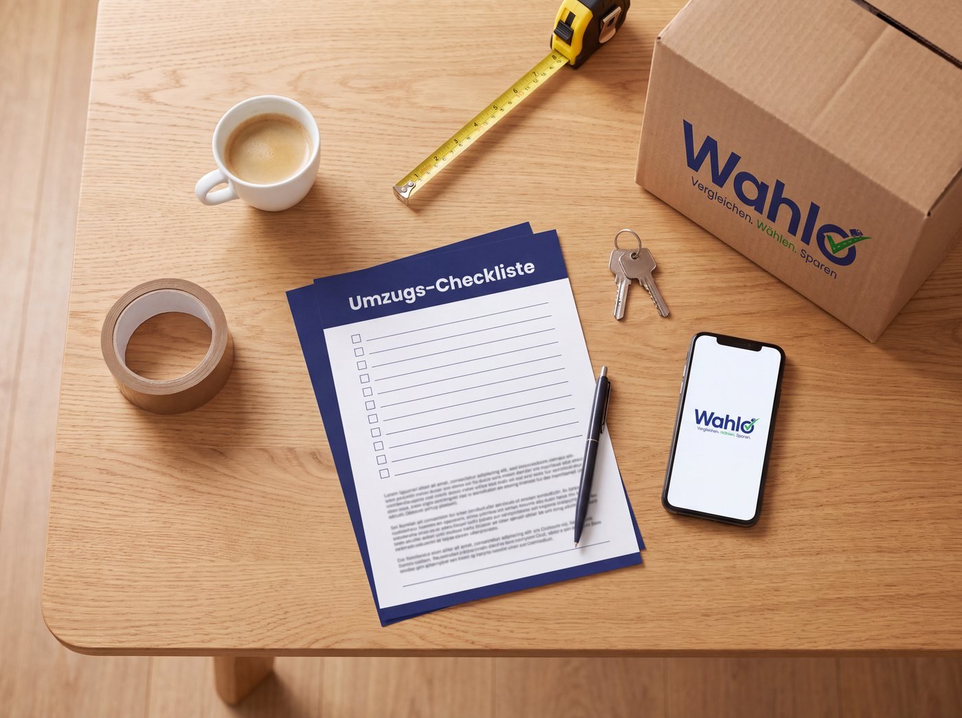 Paar packt Umzugskartons, Checkliste und Wahlo-Rechner auf dem Handy