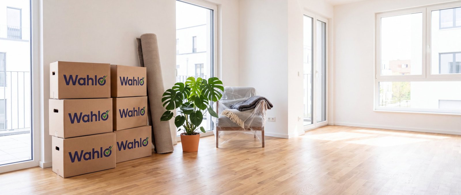 Helle neue Wohnung mit gestapelten Wahlo-Umzugskartons