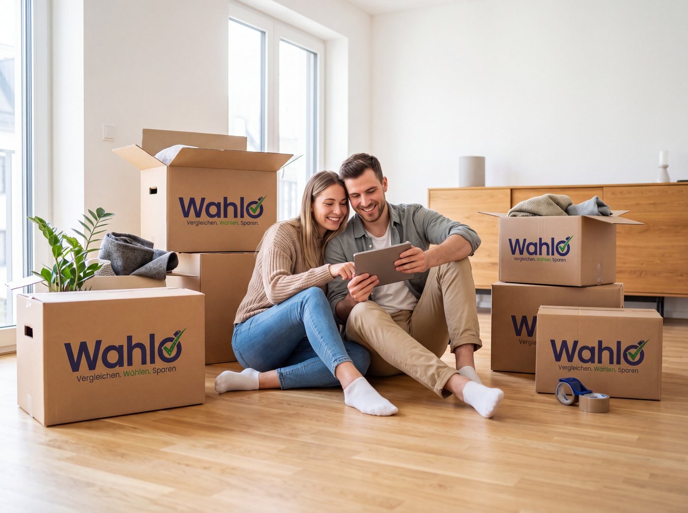 Paar sitzt zwischen Wahlo-Umzugskartons in der neuen Wohnung und vergleicht Angebote