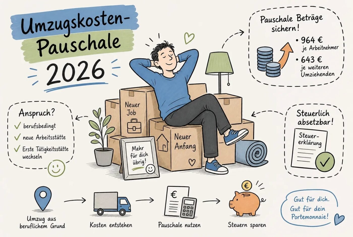 Umzugskostenpauschale 2026: Beträge, Anspruch und Abzug